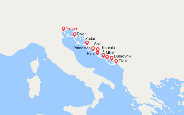 Carte itinéraire croisière Merveilles naturelles et joyaux culturels de Dalmatie