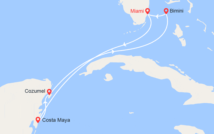 Carte itinéraire croisière Mexique, Bahamas