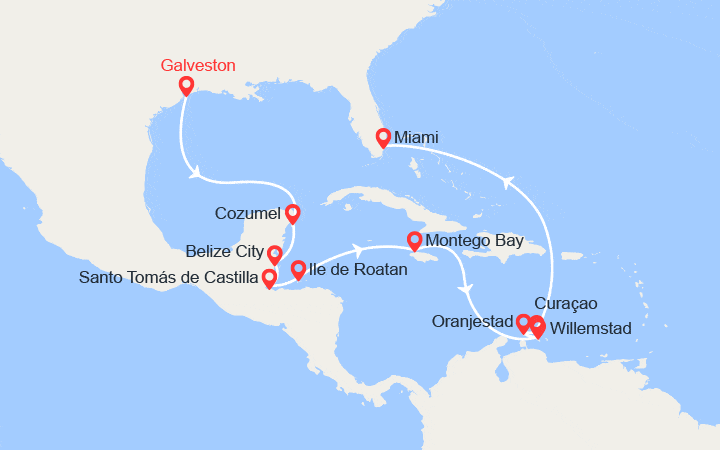 Carte itinéraire croisière Mexique, Belize, Guatemala, Honduras, Jamaïque, Curaçao, Aruba, Bonaire