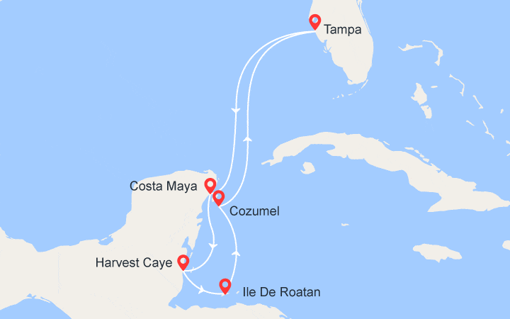 Carte itinéraire croisière Mexique, Belize, Honduras