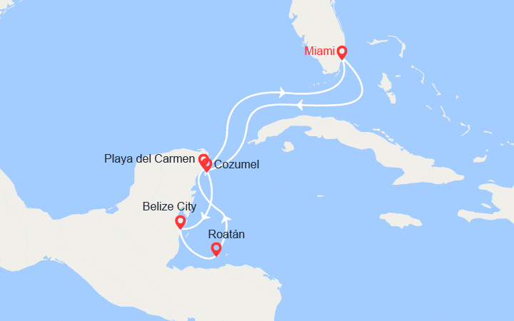 Carte itinéraire croisière Mexique, Belize, Honduras