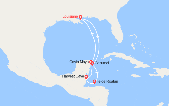 Carte itinéraire croisière Mexique, Honduras, Belize