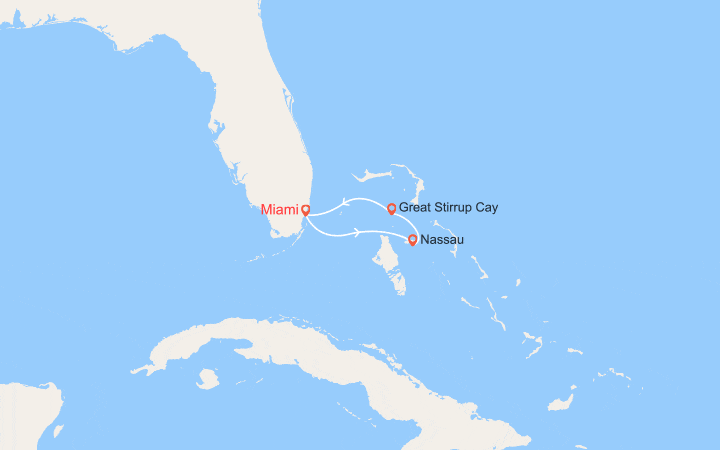 Carte itinéraire croisière Miami, Nassau, Great Stirrup Cay, Bahamas