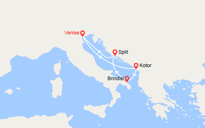 Carte itinéraire croisière Monténégro, Croatie, Italie