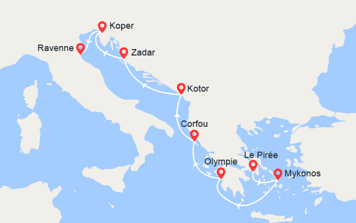 Carte itinéraire croisière Mykonos, Corfou, Monténégro, Croatie, Slovénie