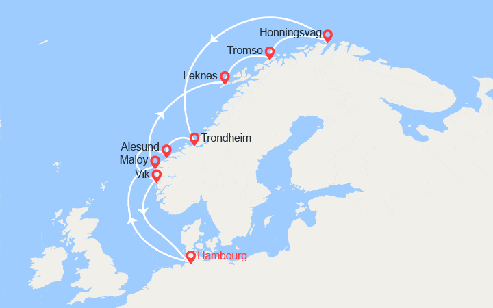 Carte itinéraire croisière Norvège et Cap Nord