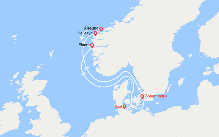 Carte itinéraire croisière Norvège : Hellesylt, Alesund, Flam