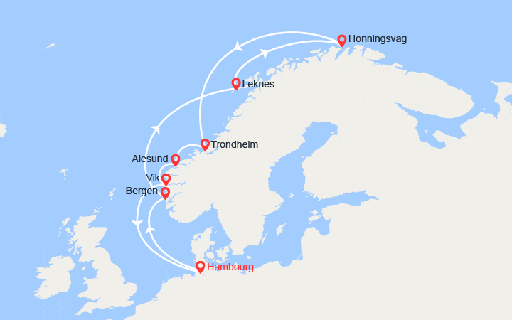Carte itinéraire croisière Norvège, îles Lofoten, Cap Nord