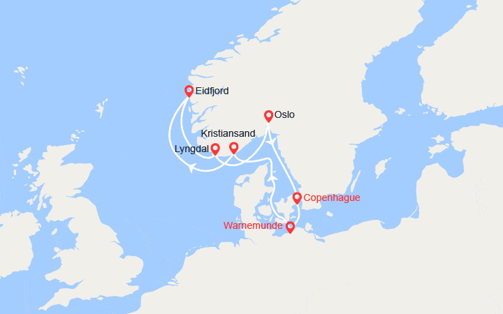 Carte itinéraire croisière Norvège: Kristiansand, Eidfjord, Lyngdal, Oslo