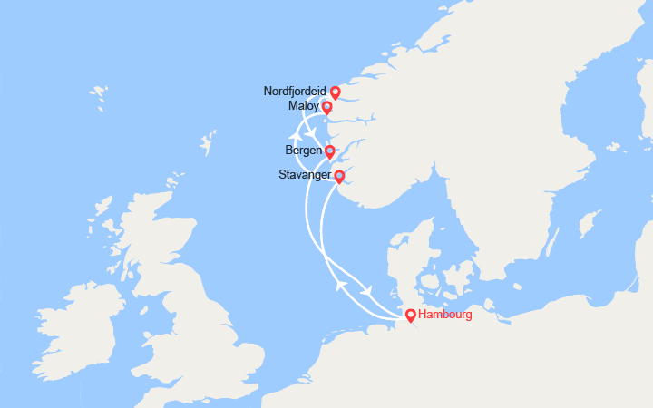 Carte itinéraire croisière Norvège : Stavanger, Maloy, Nordfjordeid, Bergen