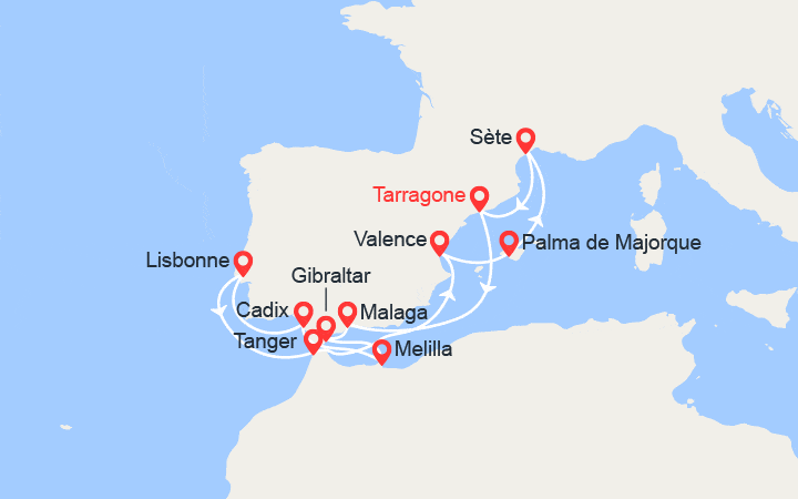 Carte itinéraire croisière Odyssée Méditerranéenne : Espagne, Portugal et Maroc
