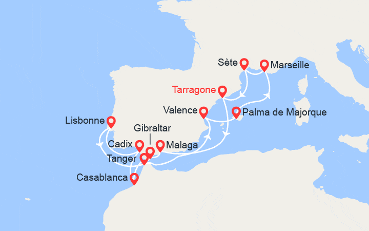 Carte itinéraire croisière Odyssée Méditerranéenne : Espagne, Portugal et Maroc