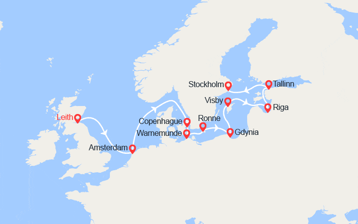 Carte itinéraire croisière Pays-Bas, Danemark, Allemagne, Pologne, Suède, Lettonie, Estonie