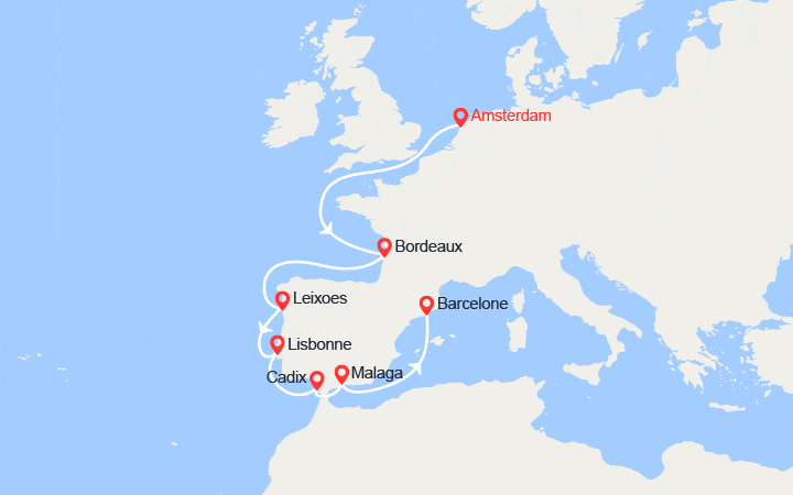 Carte itinéraire croisière Pays-Bas, France, Portugal, Espagne