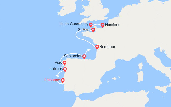 Carte itinéraire croisière Péninsule Ibérique et cités fortifiées de l’Atlantique