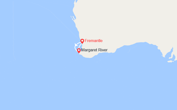 Carte itinéraire croisière Perth, Busselton, Margaret River, Australie