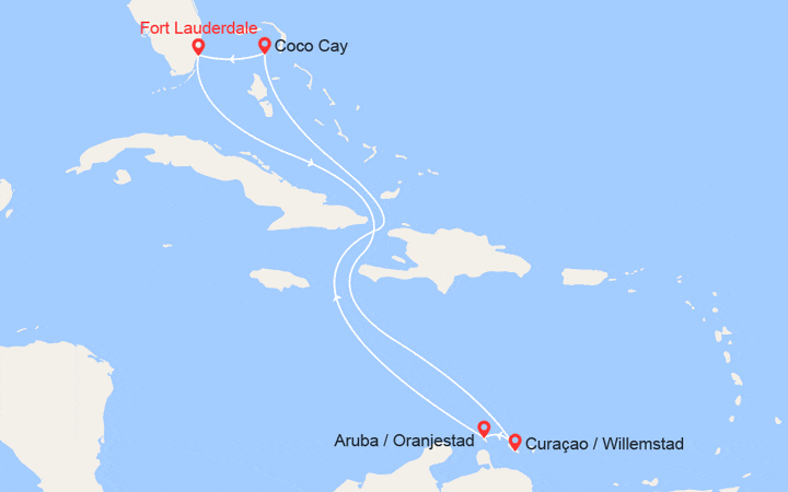 Carte itinéraire croisière Petites Antilles, Bahamas