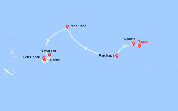 Carte itinéraire croisière Polynésie française, Îles Cook, États-Unis, Tonga, Fidji