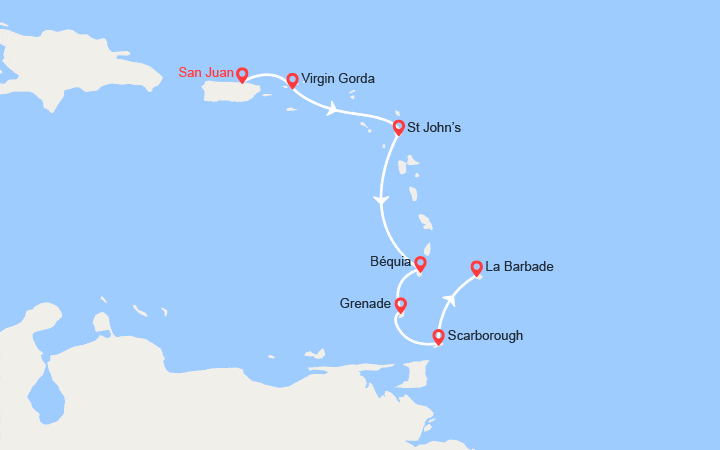 Carte itinéraire croisière Porto Rico, îles Vierges, Antigua, Martinique, St Vincent et les Grenadines, Grenade…