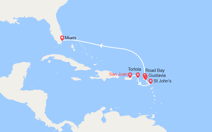 Carte itinéraire croisière Porto Rico, St Barthélemy, Antigua et Barbuda, îles Vierges, Anguilla, États-Unis
