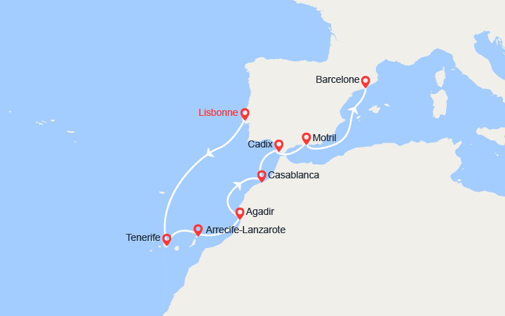 Carte itinéraire croisière Portugal, Canaries, Maroc