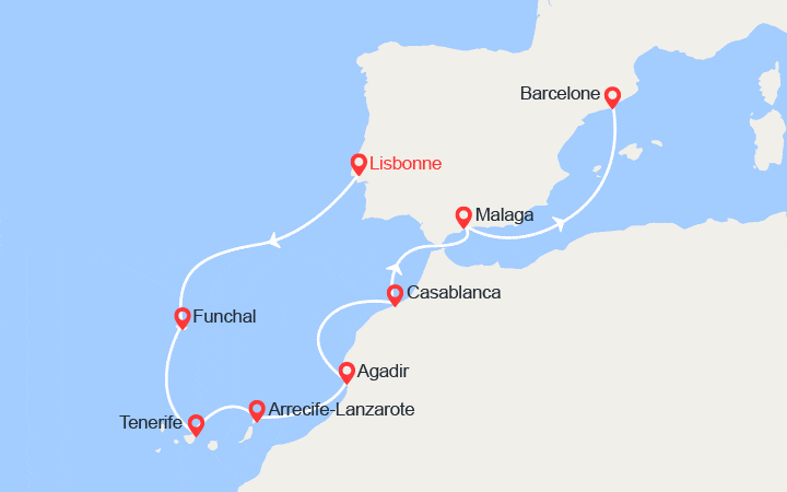 Carte itinéraire croisière Portugal, Espagne, Maroc