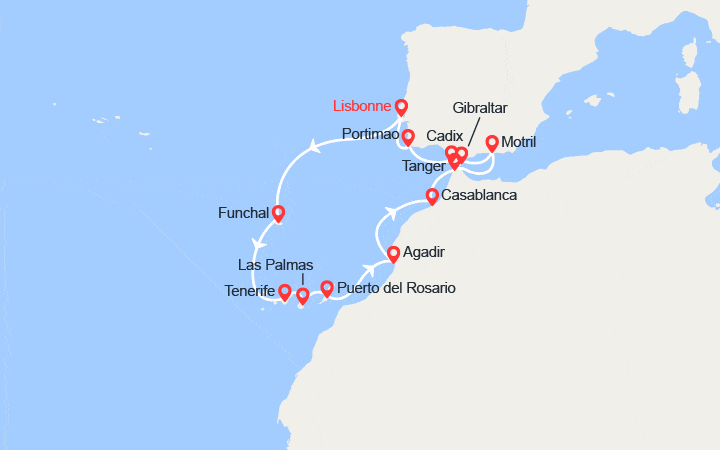 Carte itinéraire croisière Portugal, Espagne, Maroc, Gibraltar..