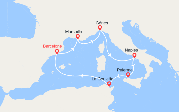 Carte itinéraire croisière Provence, Italie, Sicile, Tunisie