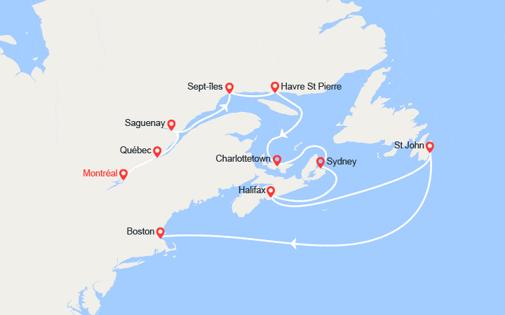 Carte itinéraire croisière Québec, le Canada atlantique et la Nouvelle-Angleterre