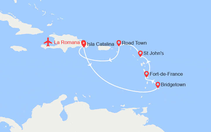 Carte itinéraire croisière Rép. dominicaine, Barbade, Martinique, Antigua-et-Barbuda, Îles Vierges britanniques - Vols inclus