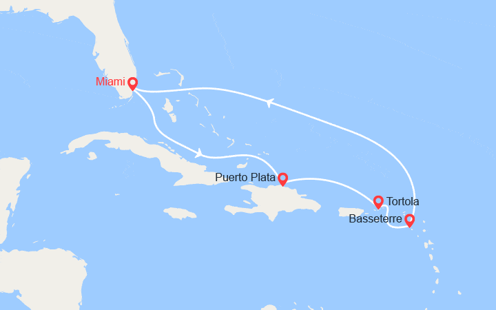 Carte itinéraire croisière Rép. Dominicaine, Iles Vierges, St Kitts..
