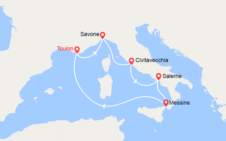 Carte itinéraire croisière Rome, Côte Amalfitaine, Sicile