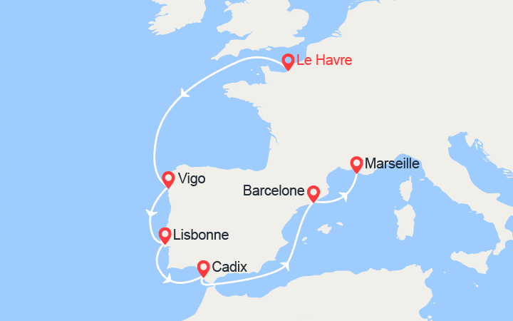 Carte itinéraire croisière Route vers le Sud : du Havre à Marseille