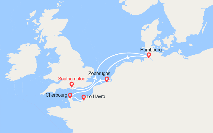Carte itinéraire croisière Royaume-Uni, Allemagne, Belgique, France