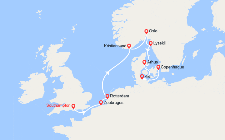 Carte itinéraire croisière Royaume-Uni, Belgique, Pays-Bas, Norvège, Allemagne, Danemark