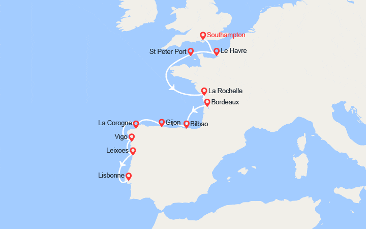 Carte itinéraire croisière Royaume-Uni, France, Guernesey, Espagne, Portugal