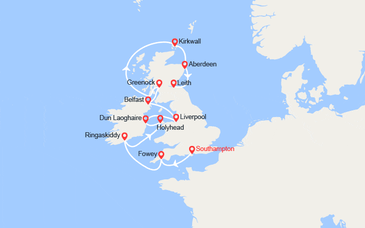 Carte itinéraire croisière Royaume-Uni, Irlande, Écosse