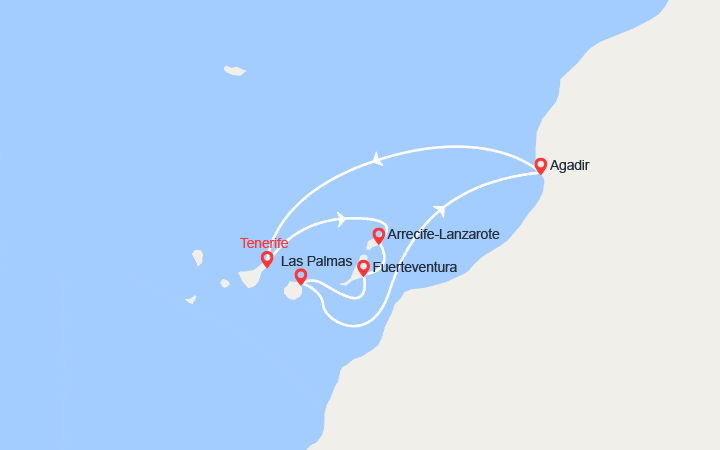 Carte itinéraire croisière Santa Cruz de Tenerife, Arrecife, Fuerteventura, Las Palmas, Agadir
