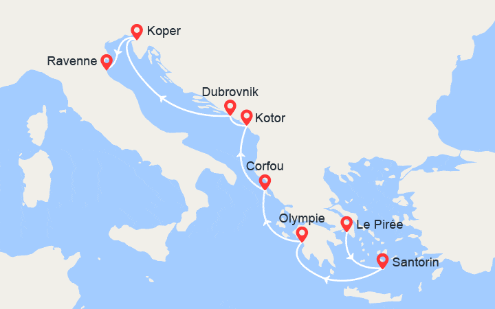 Carte itinéraire croisière Santorin, Corfou, Monténégro, Croatie, Slovénie