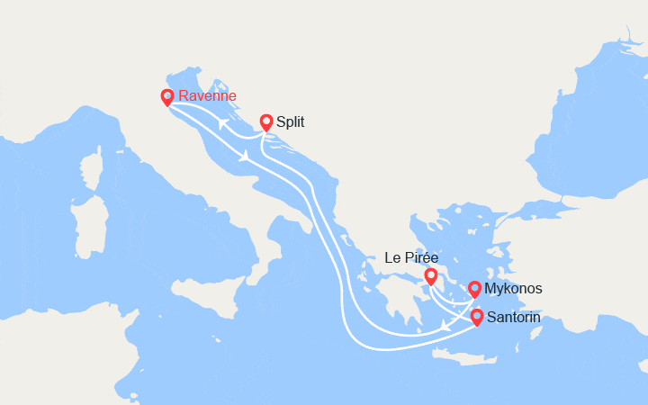 Carte itinéraire croisière Santorin, Mykonos, Athènes, Split