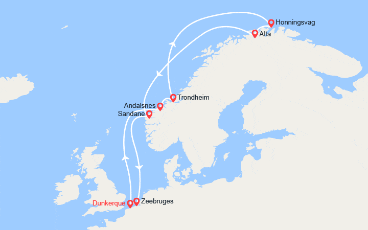 Carte itinéraire croisière Soleil de Minuit et Fjords de Norvège