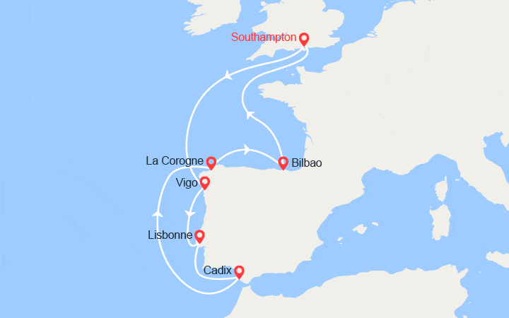 Carte itinéraire croisière Southampton, Vigo, Lisbonne, Séville, La Corogne, Bilbao