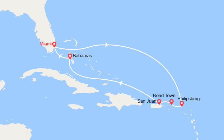 Carte itinéraire croisière St Maarten, Iles Vierges, Porto Rico, Bahamas
