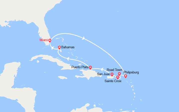 Carte itinéraire croisière St Maarten, Iles Vierges, Porto Rico, Rép. Dominicaine, Bahamas