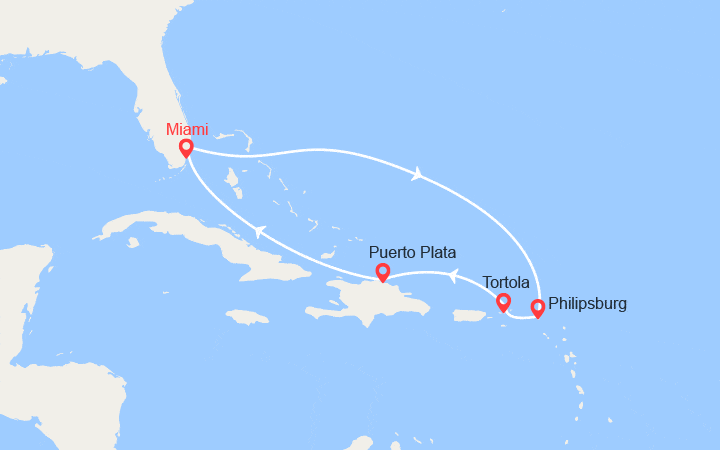 Carte itinéraire croisière St Maartin, Iles Vierges , Rép.Dominicaine