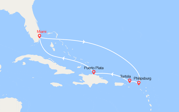 Carte itinéraire croisière St Martin, Iles Vierges, Rép. Dominicaine