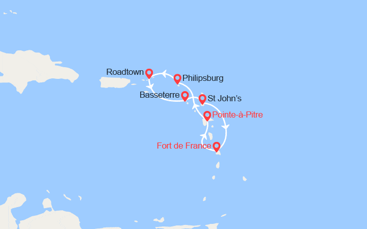 Carte itinéraire croisière St Martin, îles Vierges, St Kitts, Antigua