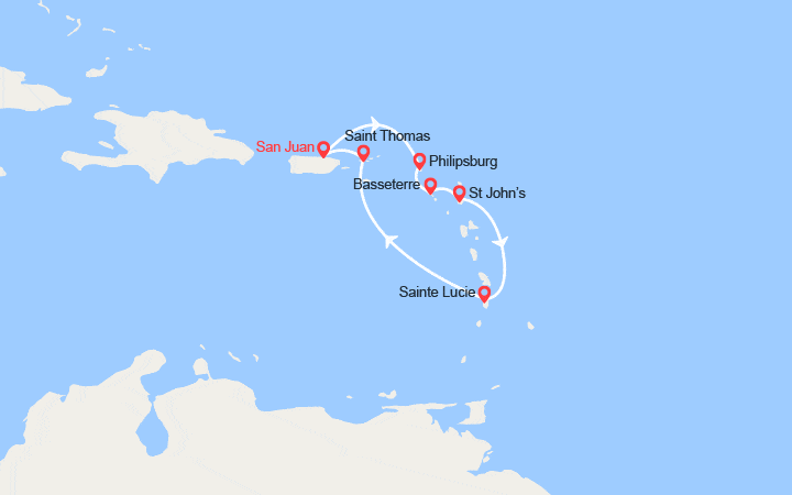 Carte itinéraire croisière St Martin, St Kitts et Nevis ,Antigua, Ste Lucie