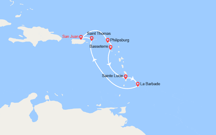 Carte itinéraire croisière St Martin, St Kitts et Nevis, Ste Lucie, La Barbade Porto Rico