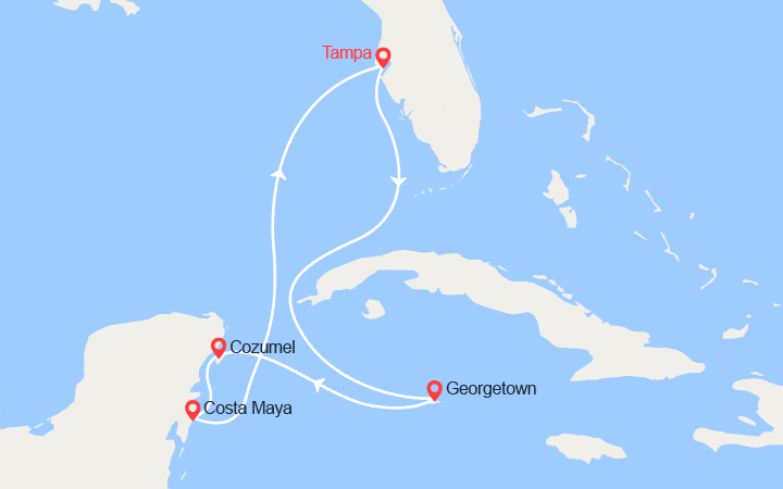 Carte itinéraire croisière Tampa, George Town, Cozumel